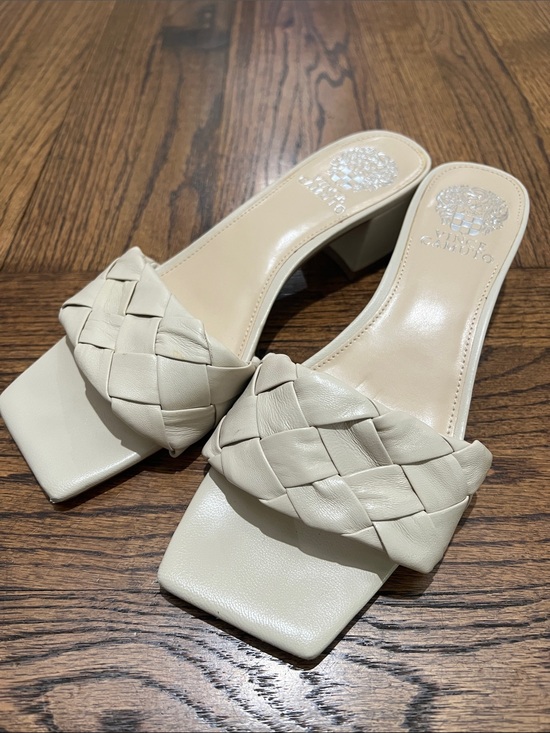 Vince Camuto Shoes - Vince Camuto Cream Woven Square-Toe Block Heel Mules